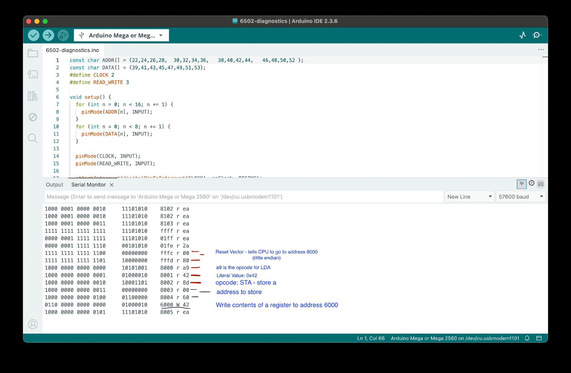Logic analyzer output showing first 6502 program execution
